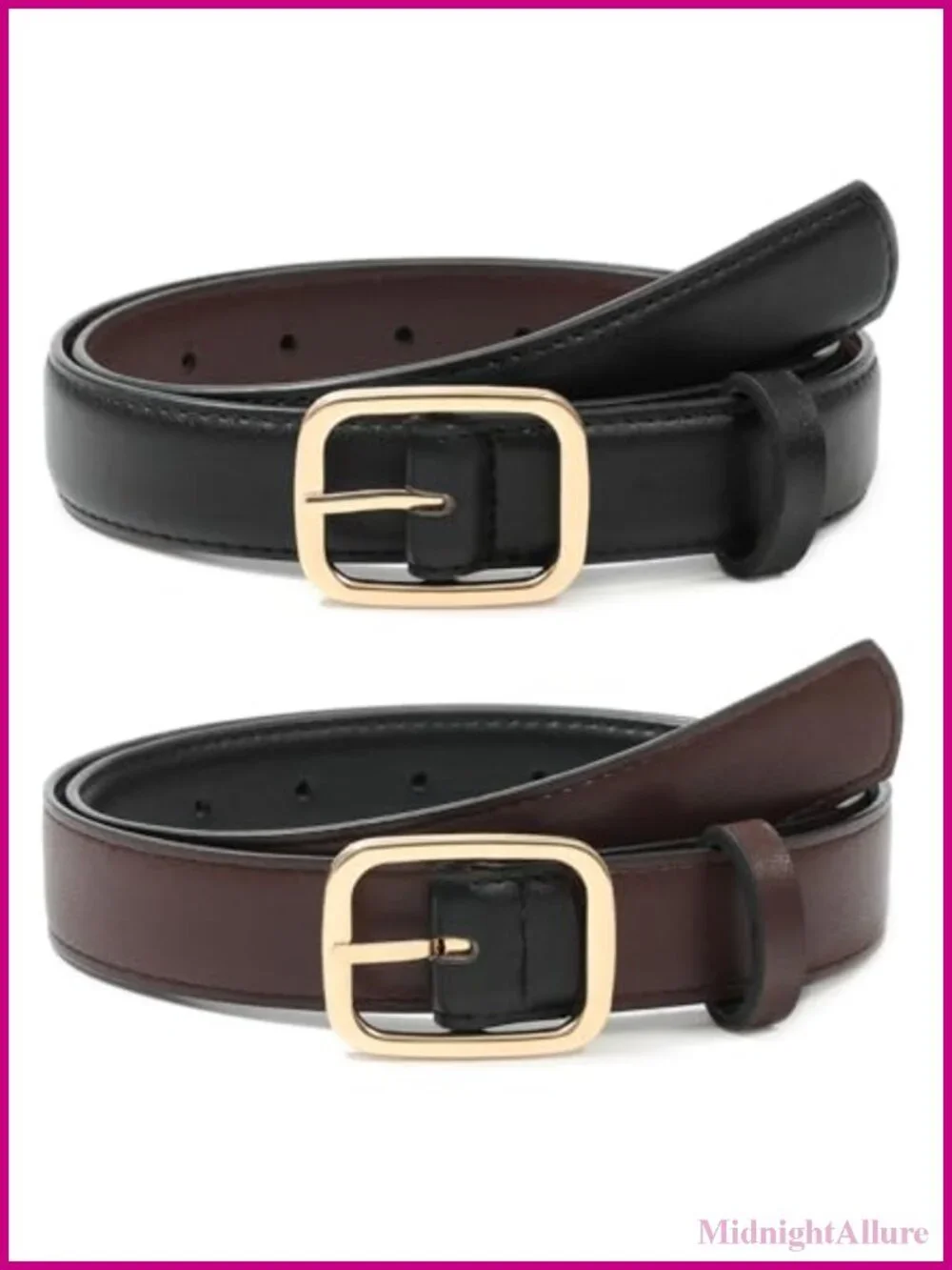 Reversible Women's Belt 2-in-1 Faux Leather Gold Buckle Adjustable